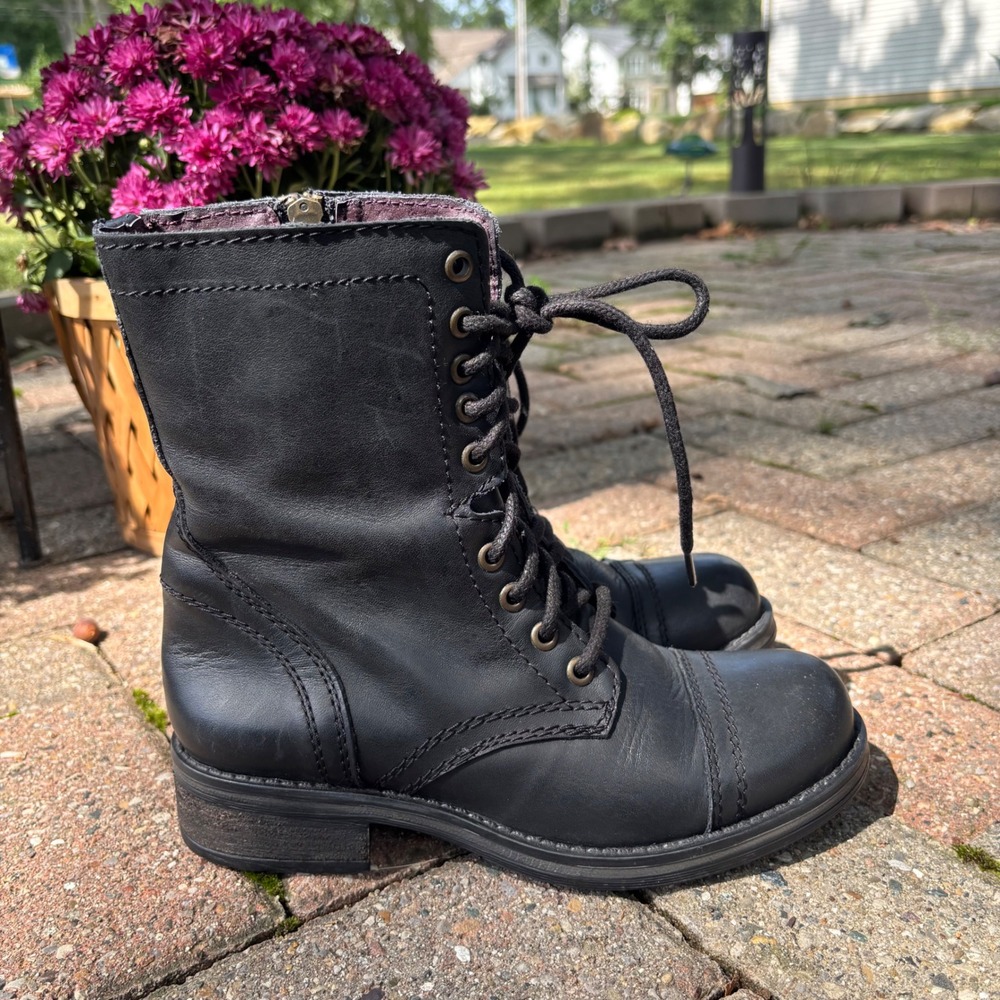 Steve Madden Tropa 2.0 Black Leather Combat Boots Side Zip Cap Toe Womens 6M
